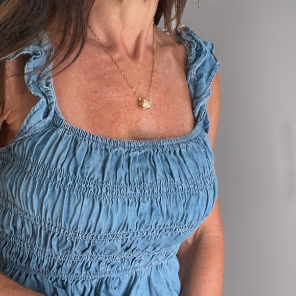 Women’s Smocked Tank Top Size S Ruffle Short Crop Solid Blue Shirt Cottage - Picture 2 of 7